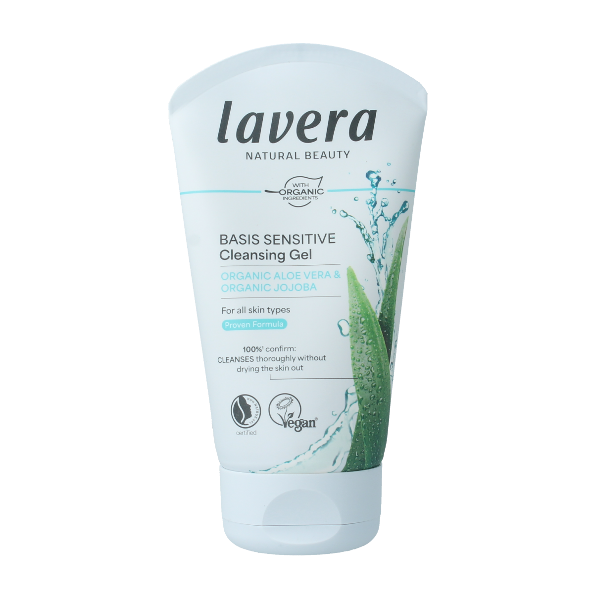 Lavera Basis Sensitive cleansing gel in a 125ml bottle, gentle facial skincare product with a clear gel texture and white packaging.
