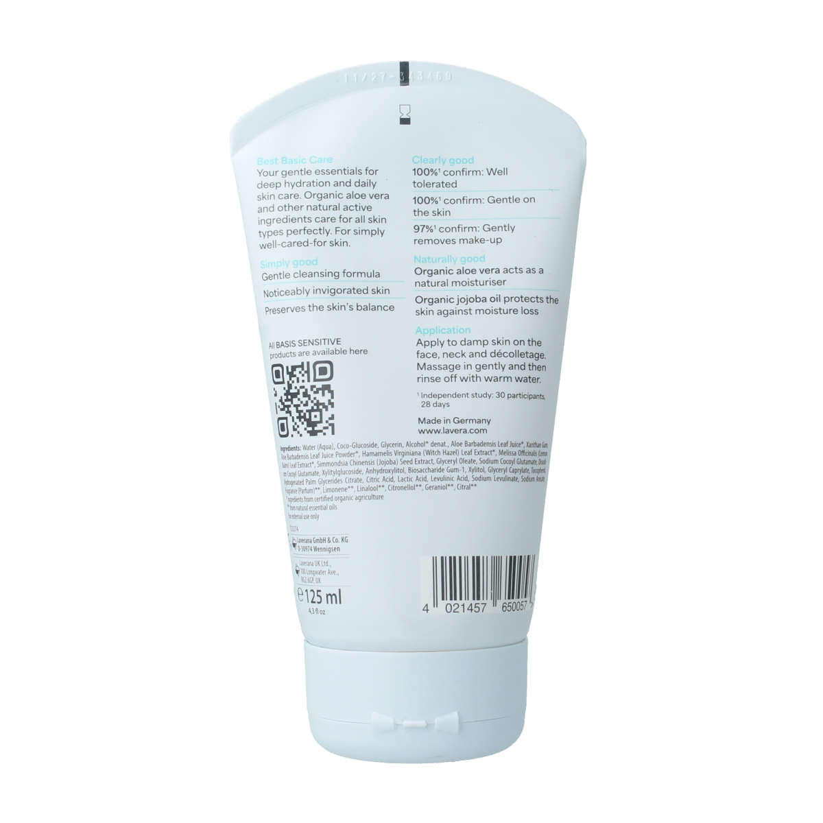 Lavera Basis Sensitive cleansing gel for face, 125ml, gentle facial skincare product with natural ingredients.