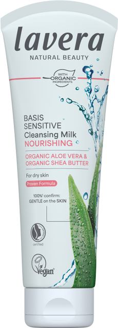 Lavera Basis Sensitive cleansing milk for face, 125ml, gentle skincare product for sensitive skin, with natural ingredients.