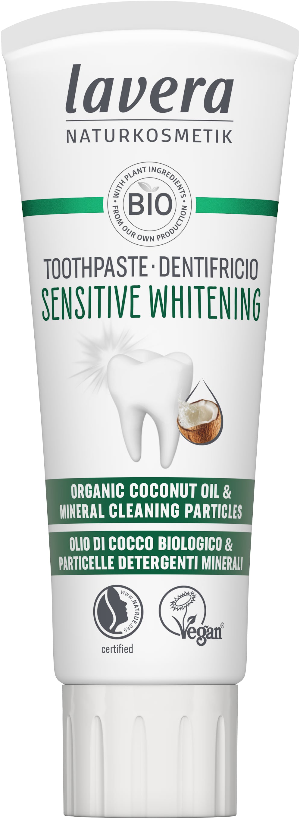 Lavera sensitive whitening toothpaste in 75ml tube with natural ingredients, designed for gentle oral care and brightening teeth.