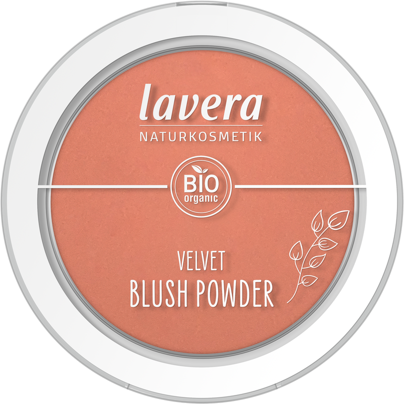 Lavera Velvet blush powder in Rosy Peach 01, 5 grams, showcasing the soft pink-orange makeup compact with blush inside.