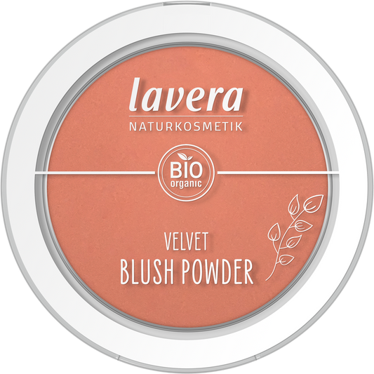 Lavera Velvet blush powder in Rosy Peach 01, 5 grams, showcasing the soft pink-orange makeup compact with blush inside.