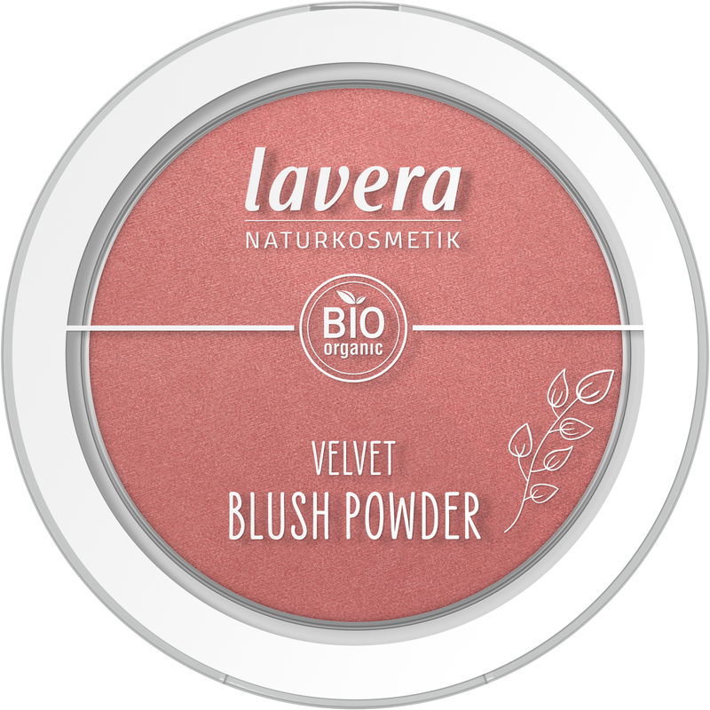 Lavera Velvet blush powder in Pink Orchid 02, 5g, showing the soft pink blush compact with blush powder visible.