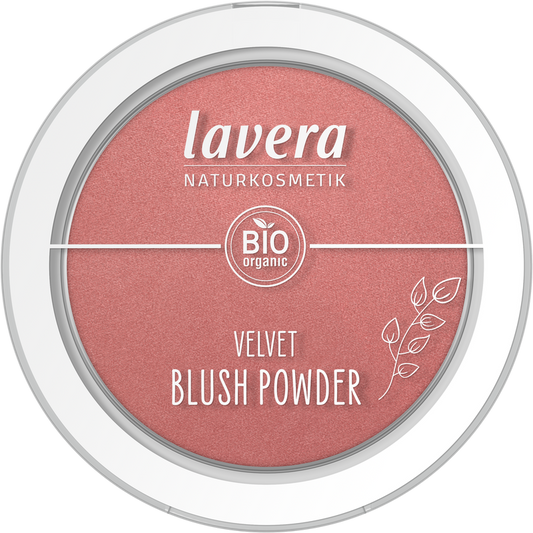 Lavera Velvet blush powder in Pink Orchid 02, 5g, showing the soft pink blush compact with blush powder visible.