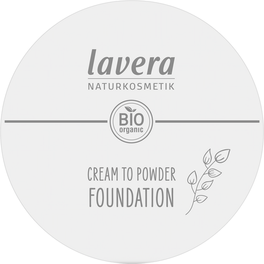 Lavera Cream to Powder Foundation Light 01 in 10.5g compact, featuring a smooth, light-colored makeup product for a natural finish.