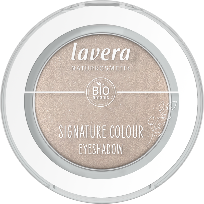 Lavera Signature Colour Eyeshadow in Moon Shell 05, natural makeup look, featuring a soft beige shade in a compact.