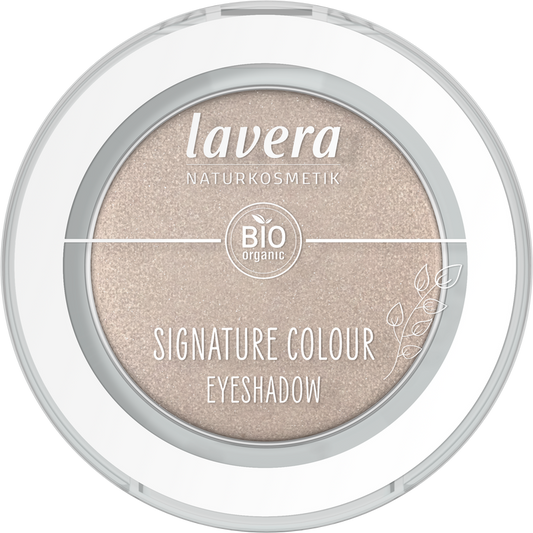 Lavera Signature Colour Eyeshadow in Moon Shell 05, natural makeup look, featuring a soft beige shade in a compact.