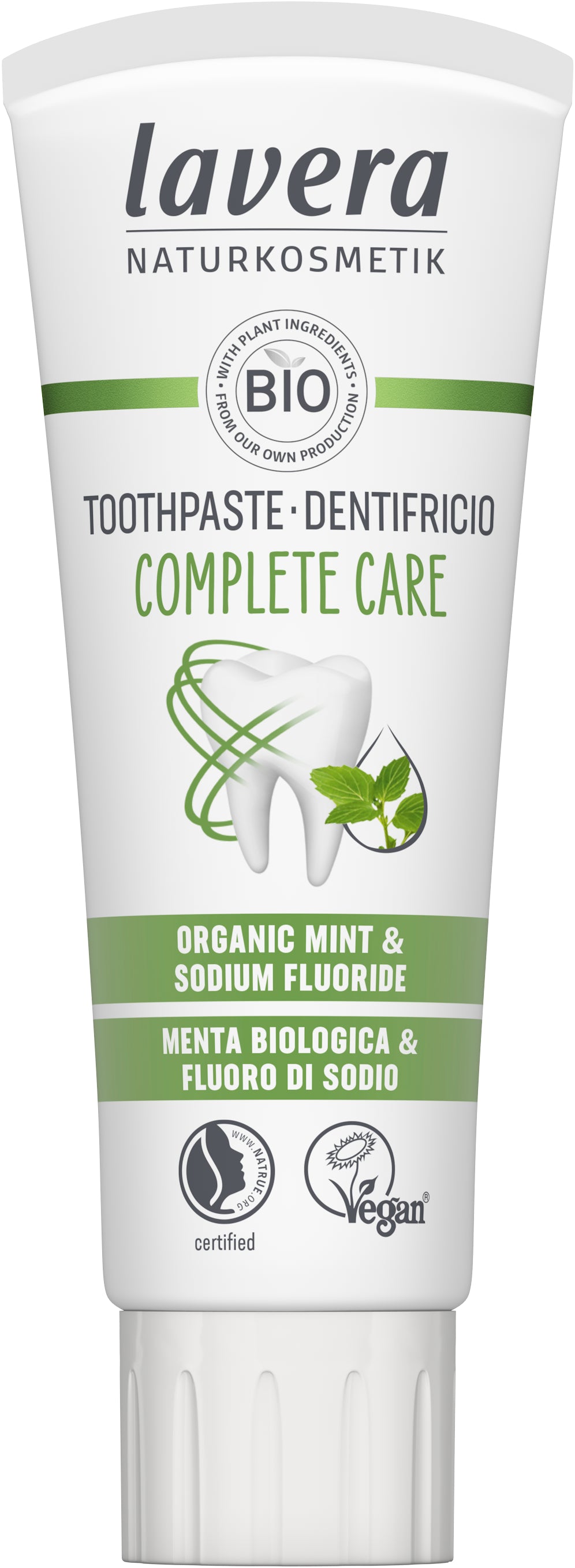 Lavera Complete Care toothpaste in 75ml tube, natural bio toothpaste with fluoride for everyday oral health.
