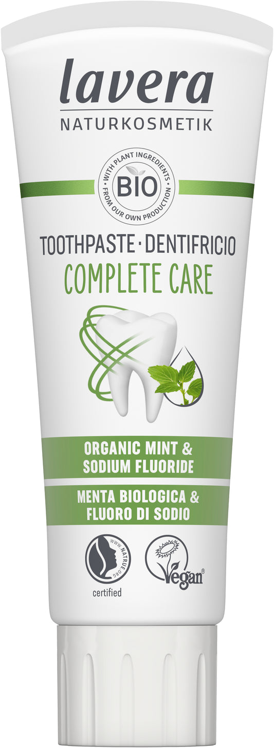 Lavera Complete Care toothpaste in 75ml tube, natural bio toothpaste with fluoride for everyday oral health.