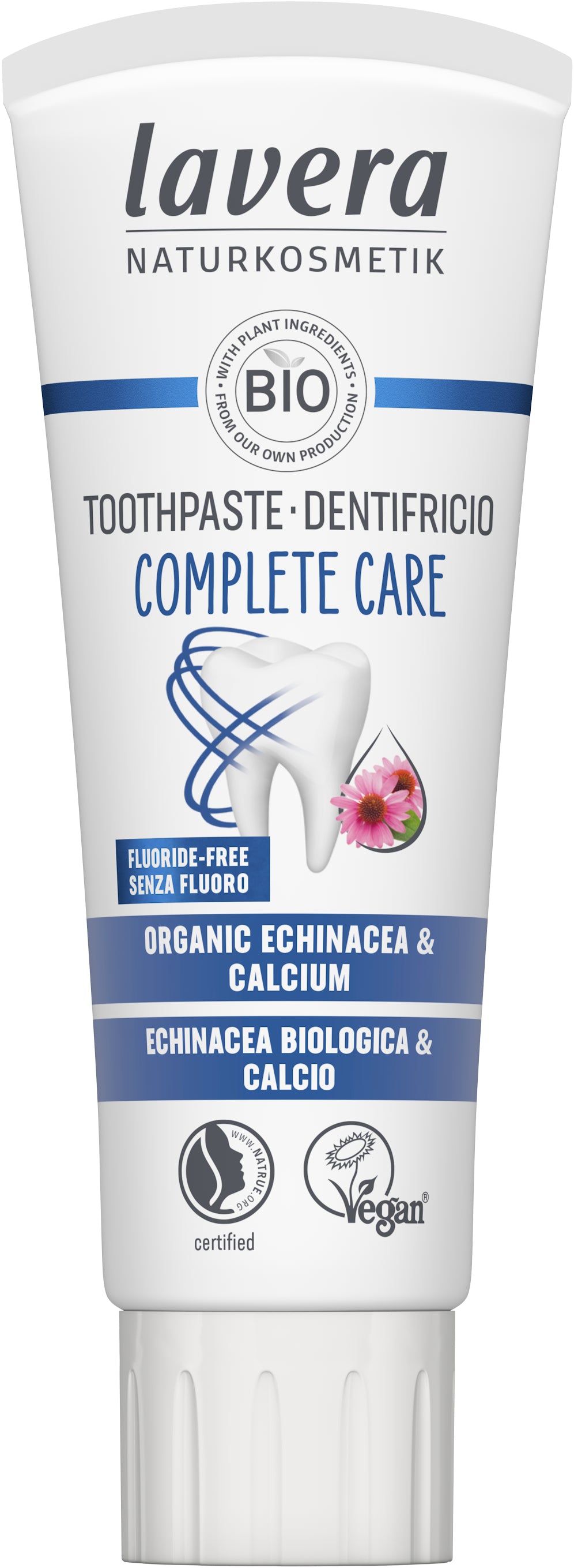 Lavera Complete Care fluoride-free organic toothpaste in 75ml tube showing the toothpaste tube with natural ingredients.