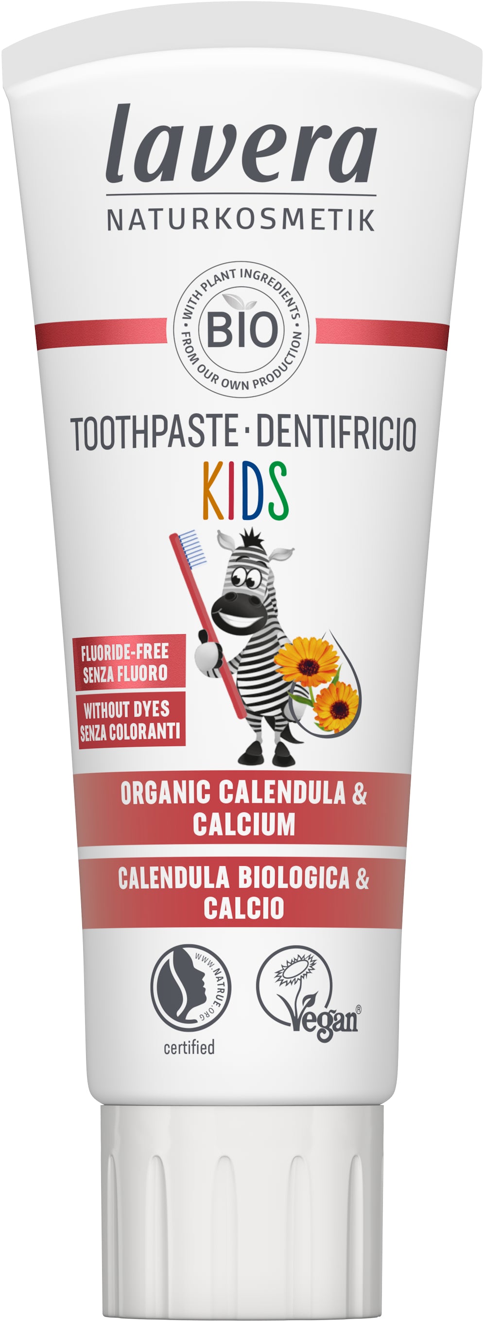 Lavera Kids Bio Toothpaste in 75ml tube, gentle fluoride-free toothpaste with natural ingredients for children's dental care.