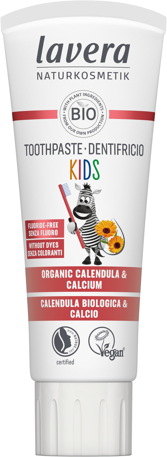 Lavera Kids Bio Toothpaste in 75ml tube, gentle fluoride-free toothpaste with natural ingredients for children's dental care.