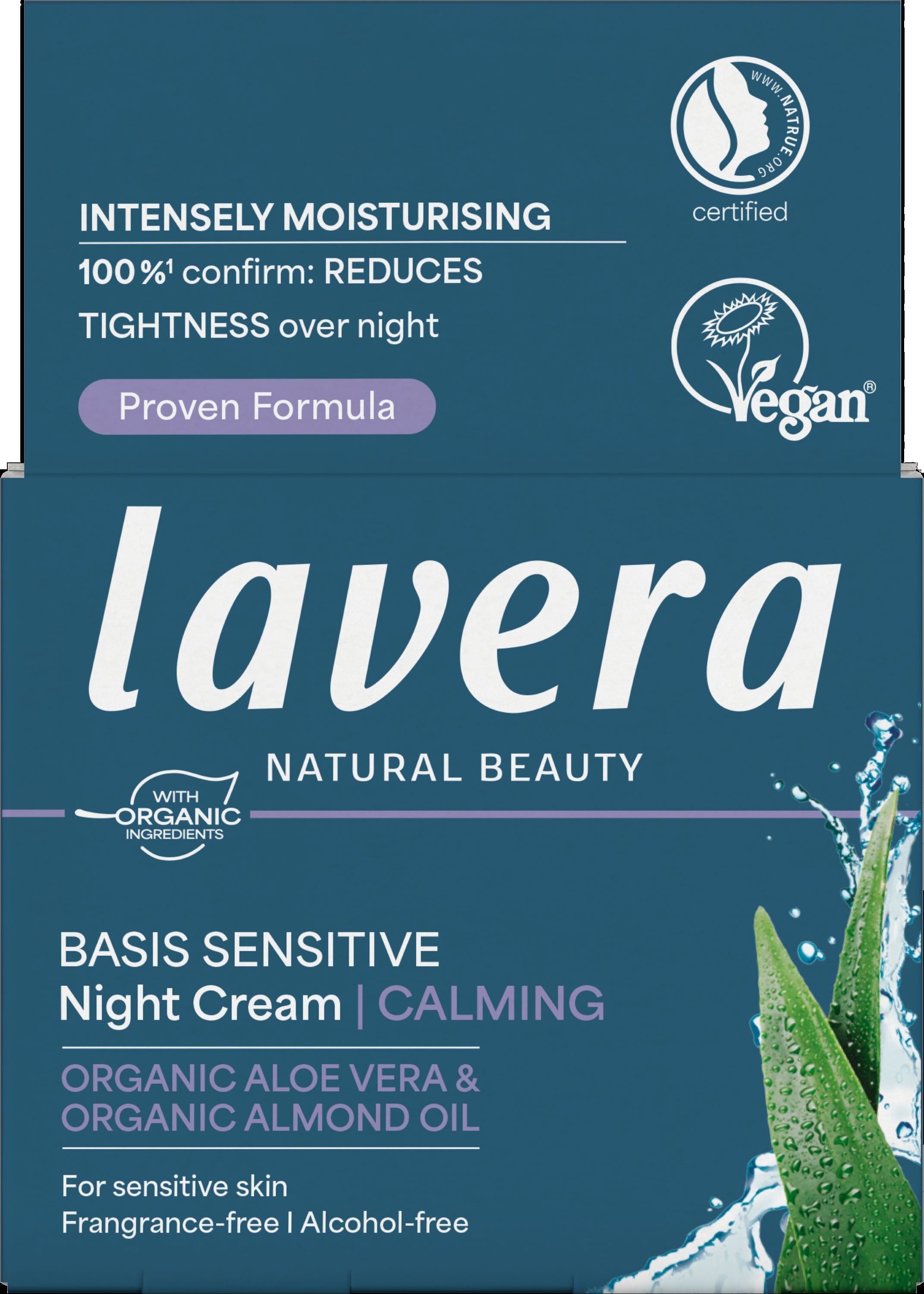 Lavera Basis Sensitive calming night cream in 50ml jar, facial skincare product for sensitive skin with soothing ingredients.