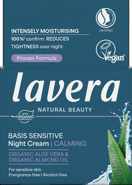 Lavera Basis Sensitive calming night cream in 50ml jar, facial skincare product for sensitive skin with soothing ingredients.