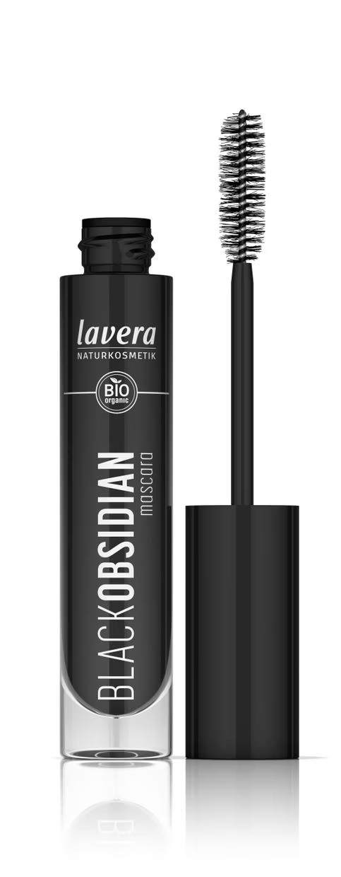 Lavera Mascara in black obsidian, 10ml makeup product with a sleek black tube and applicator brush visible in the image.