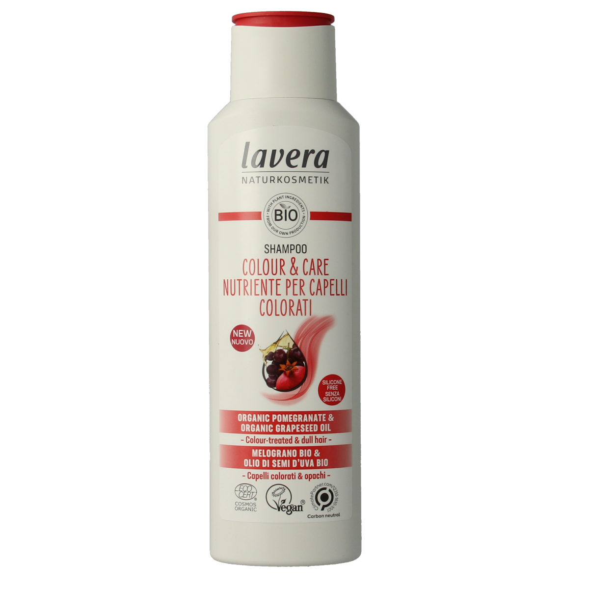 Lavera Colour & Care Shampoo bottle, 250ml, for nourishing hair color and gentle hair cleansing.