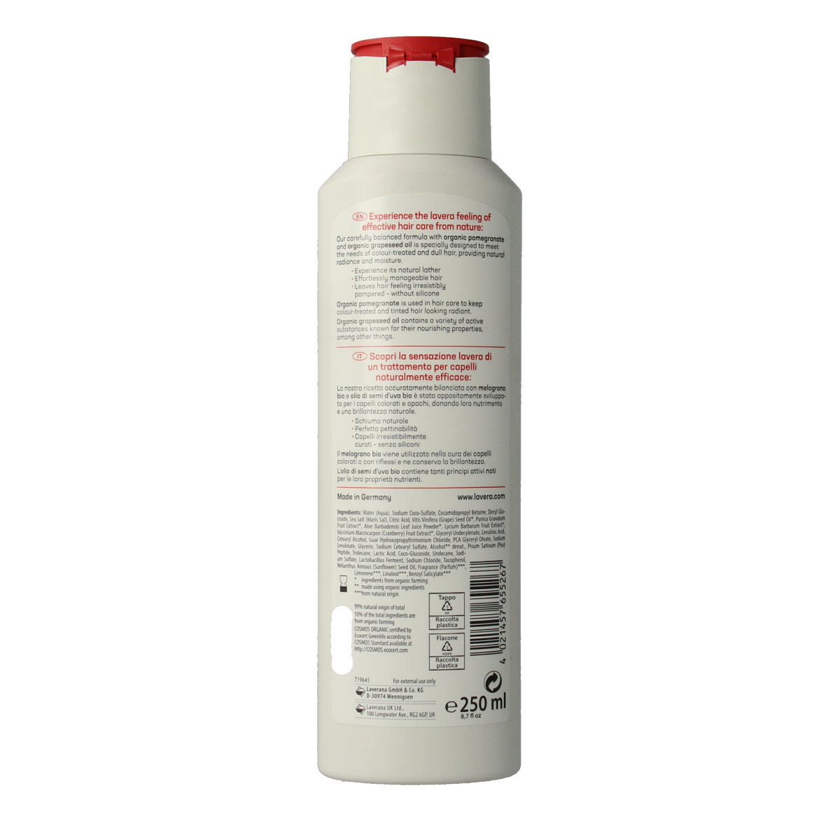 Lavera Colour & Care Shampoo bottle, 250ml, in a white and purple packaging, for nourishing hair color and care.