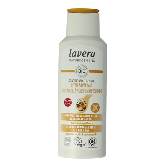 Lavera Repair & Deep Care Conditioner for damaged hair in 200ml bottle, nourishing hair care product.