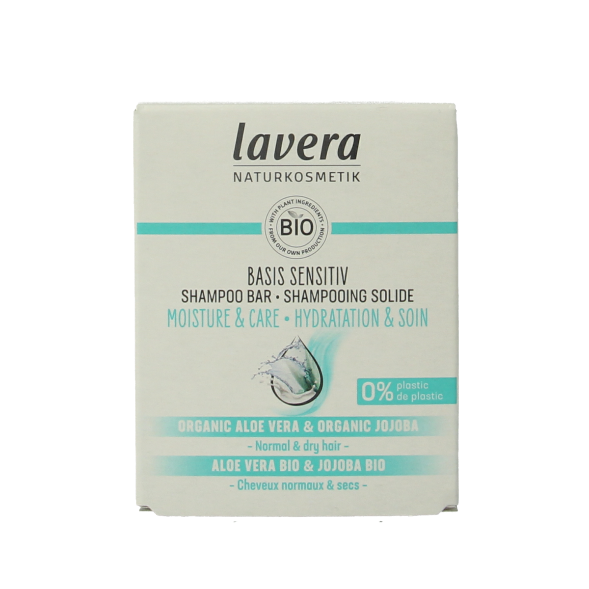 Lavera basis sensitiv moisture & care shampoo bar for sensitive hair, 50g, natural hair care product with gentle cleansing qualities.