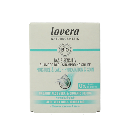 Lavera basis sensitiv moisture & care shampoo bar for sensitive hair, 50g, natural hair care product with gentle cleansing qualities.