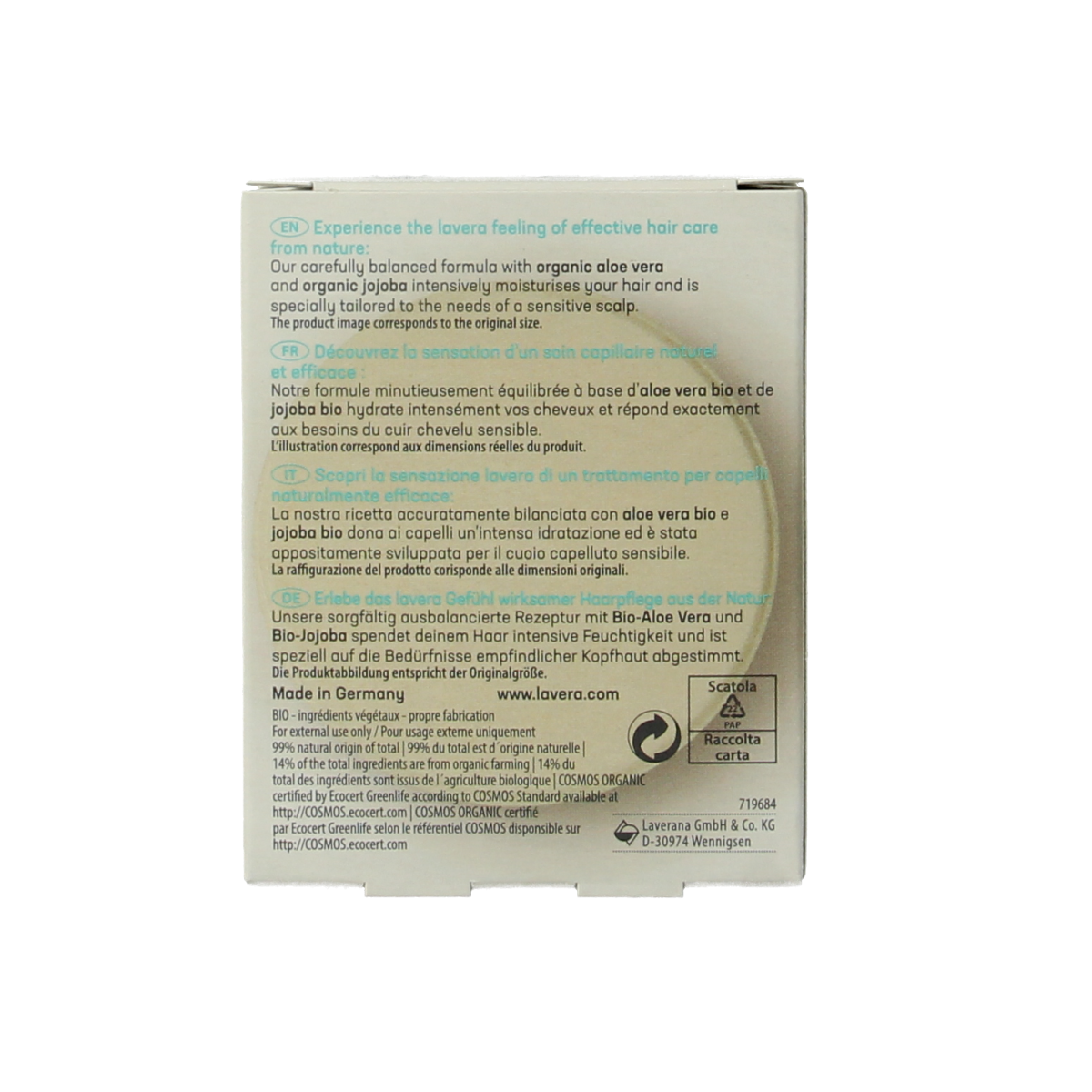 Lavera basis sensitiv moisture & care shampoo bar, 50g, natural hair care product in a plain, eco-friendly packaging.