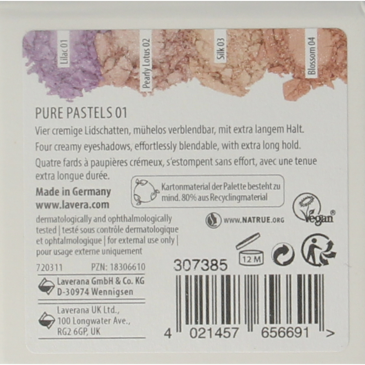 Lavera Signature Colour Eyeshadow Pure Pastels 01 in a makeup palette with soft pastel shades for eyes.