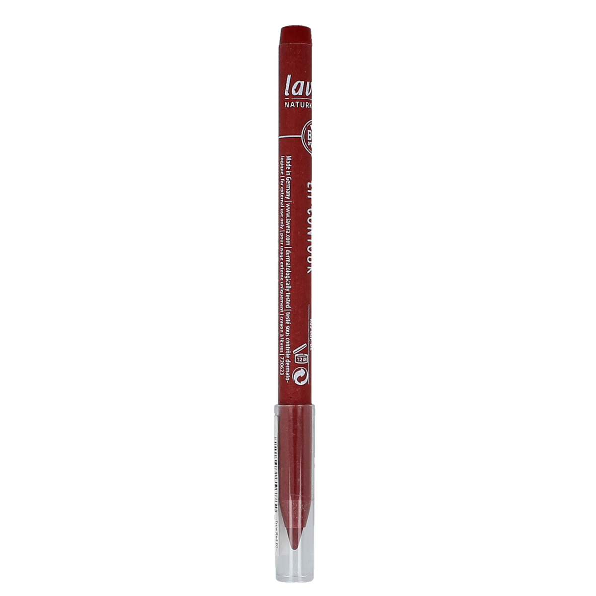 Lavera Lipcontour true red 05 lip liner in 1.40g, with a close-up of the red pencil and its packaging.