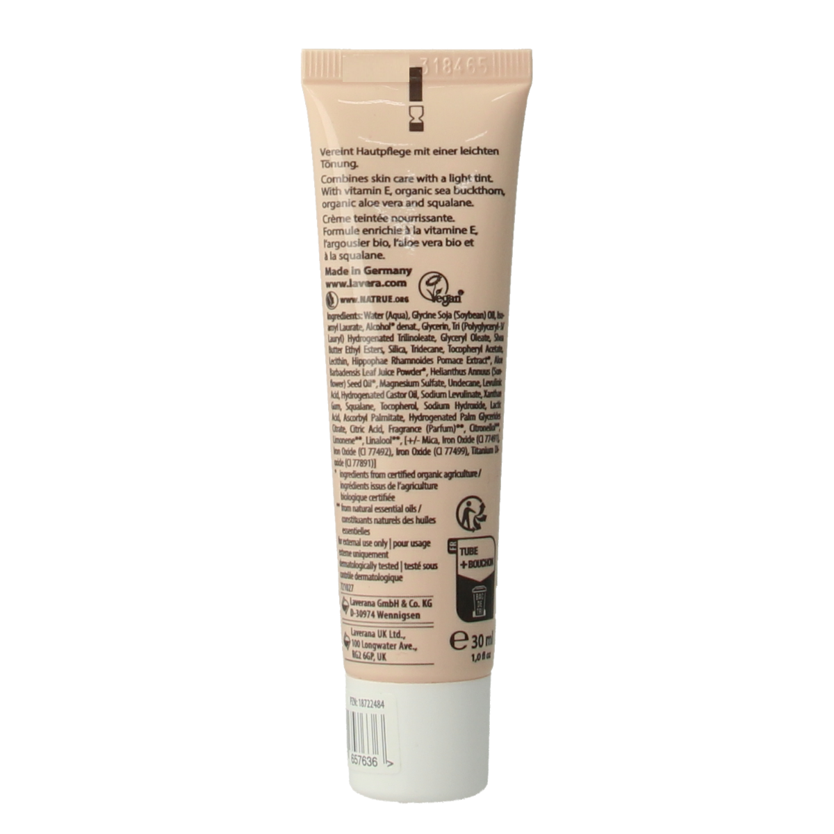 Lavera Vitamin Skin Tint 01 Light bio facial skincare product in 30ml bottle, natural light skin tone, skincare packaging.