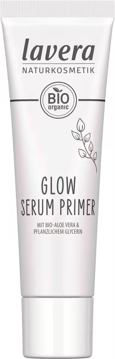 Lavera Glow serum primer in a 30ml bottle, a facial skincare product with a clear, glass container and white pump dispenser.