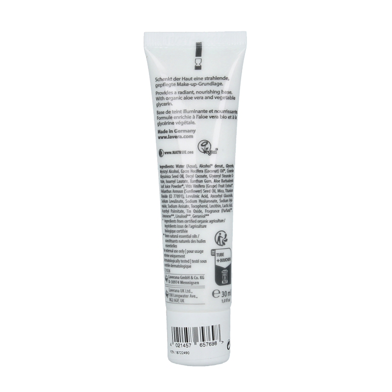 Lavera Glow serum primer in a 30ml bottle, facial skincare product with a sleek design and clear labeling.