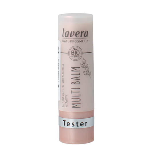 Lavera Multi Balm in Sunday Gold 03, lip care product, tester tube with gold-colored packaging and branding.