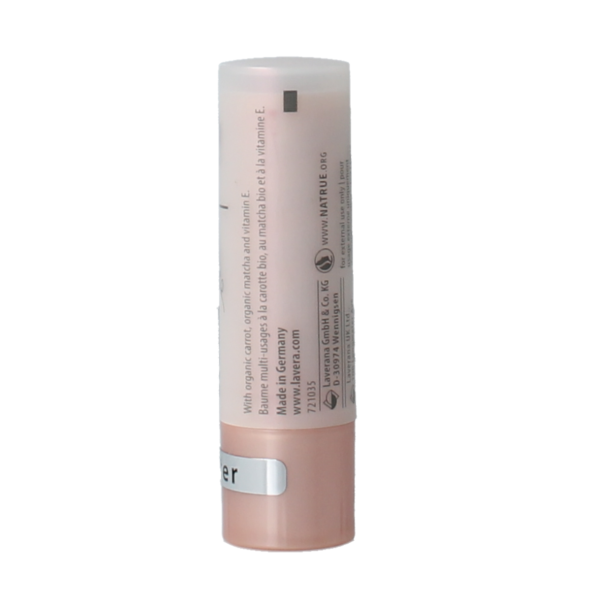 Lavera Multi Balm Sunrise Rose 04 lip care tester, featuring a natural rose scent and nourishing formula in a sleek container.