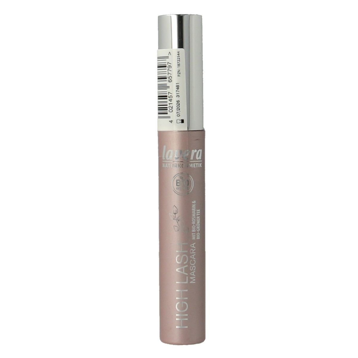 Lavera High Lash Black bio mascara in 5.50ml tube, showcasing the sleek black packaging and applicator brush.