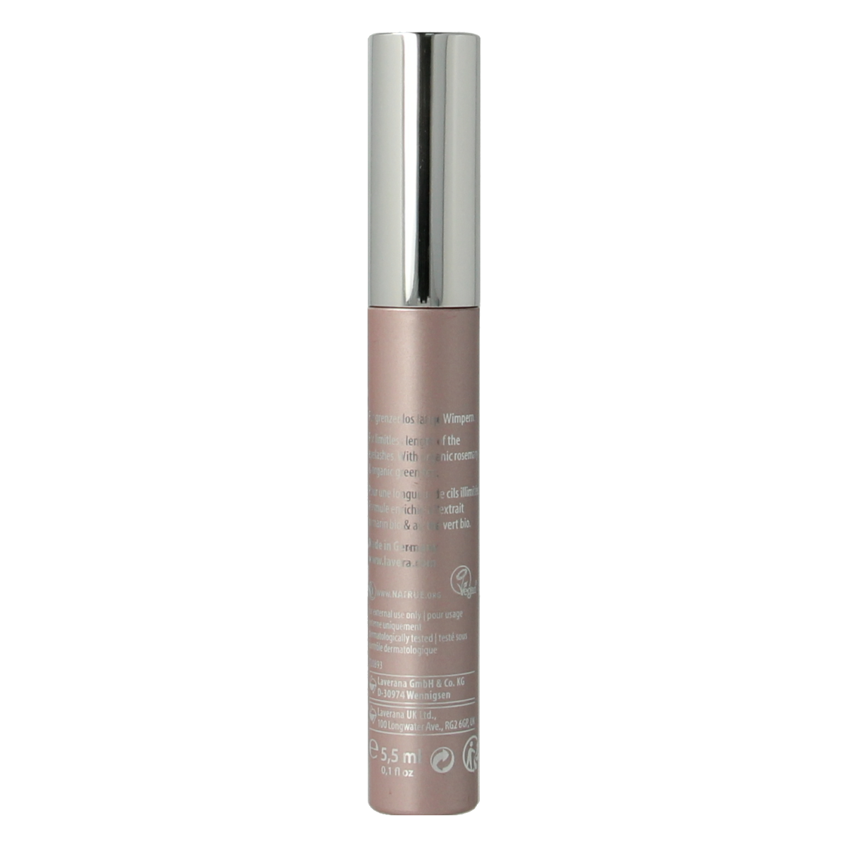 Lavera high lash black mascara in 5.5ml tube, natural bio make-up with volume-enhancing brush and dark black color.