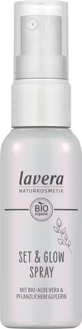 Lavera Set and Glow Settings Spray bio facial mist in 50ml bottle, natural skincare for refreshed and glowing skin