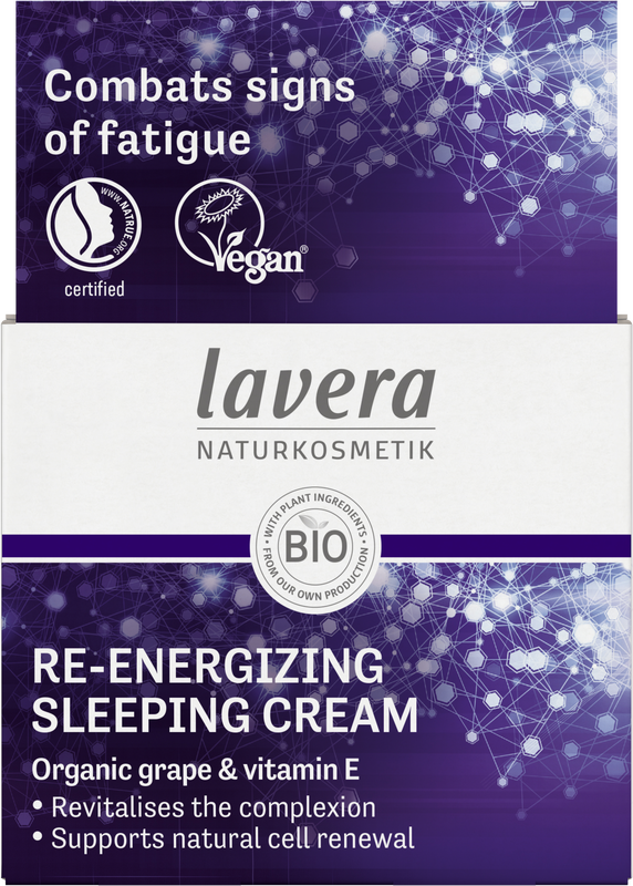 Lavera Re-Energizing Sleeping Cream face night moisturizer in 50ml jar, natural bio skincare for revitalizing overnight care.