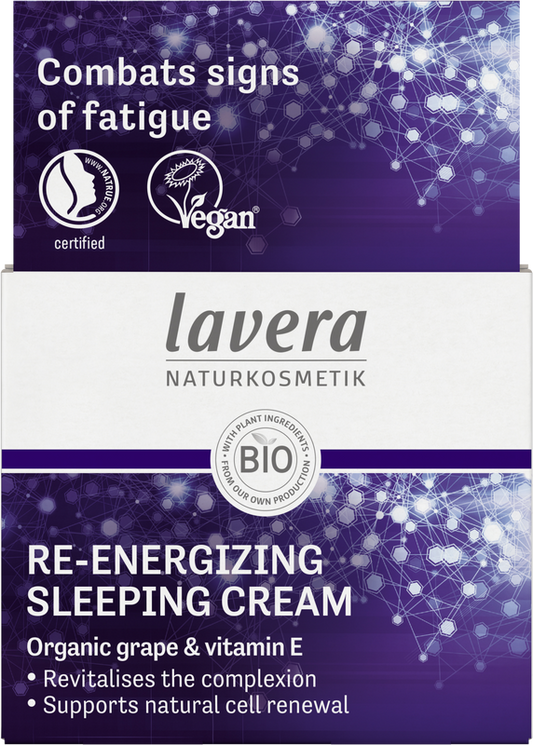 Lavera Re-Energizing Sleeping Cream face night moisturizer in 50ml jar, natural bio skincare for revitalizing overnight care.