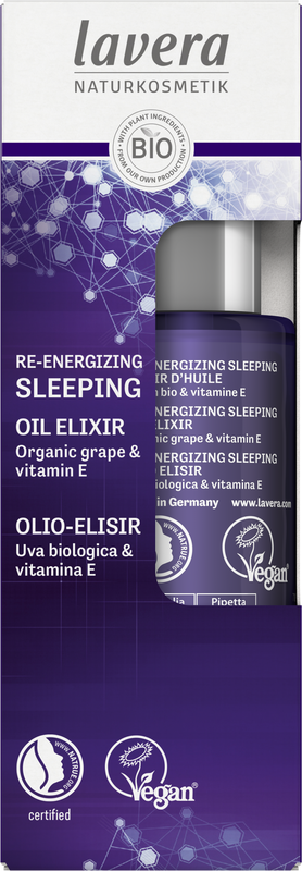 Lavera Re-Energizing sleeping oil elixir in 30ml bottle, natural face skincare product for rejuvenation and hydration.
