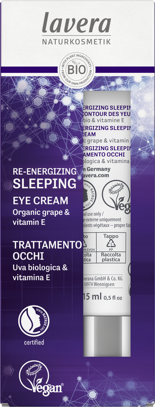 Lavera Re-Energizing sleeping eye cream in 15ml jar, featuring natural ingredients for revitalized, refreshed eye area.