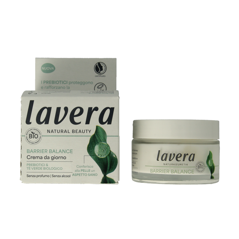 Lavera Barrier Balance Day Cream in a 50ml jar, natural facial moisturizer with bio ingredients, suitable for sensitive skin