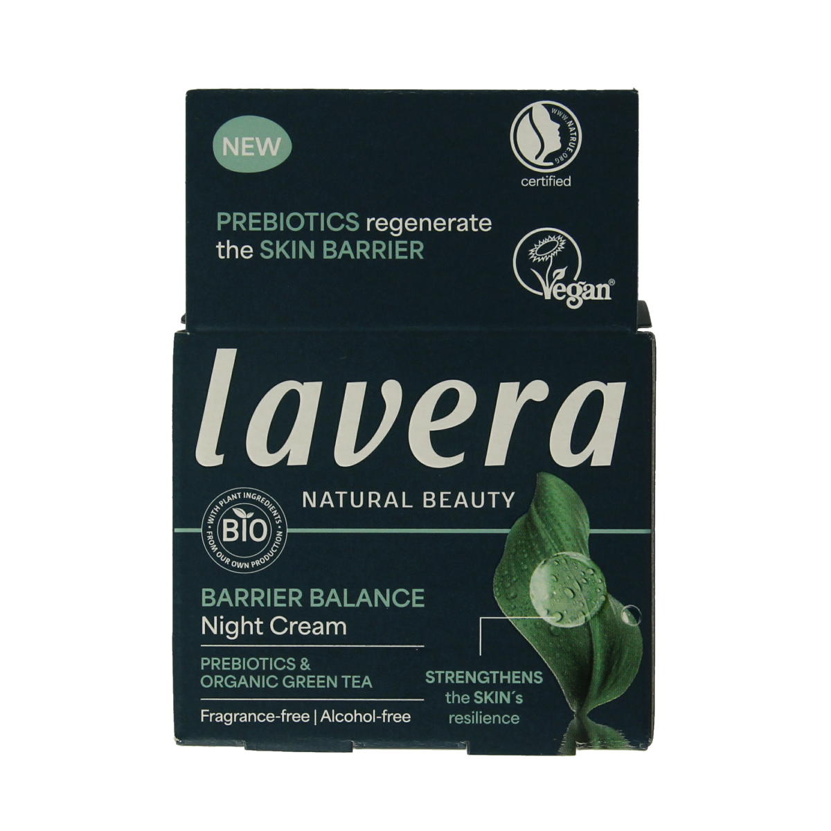 Lavera Barrier Balance Night Cream in 50ml jar, natural facial skincare product with a label showing ingredients and branding.