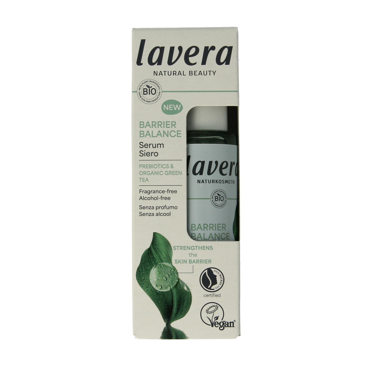Lavera Barrier Balance Serum in 30ml bottle, facial skincare product with natural ingredients for skin protection and hydration.