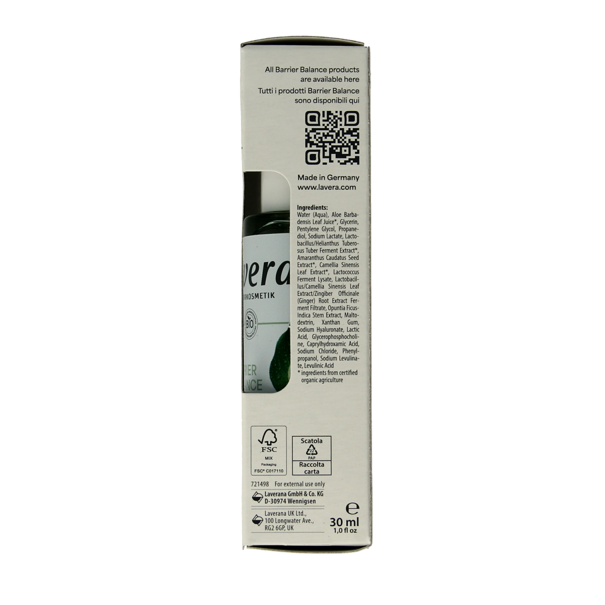 Lavera Barrier Balance Serum in 30ml, natural facial skincare product with a dropper bottle, for skin protection and hydration.