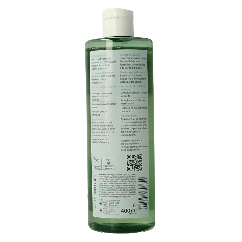 Lavera Barrier Balance Micellar Water Bio in a 400ml bottle, gentle facial cleansing with natural ingredients.