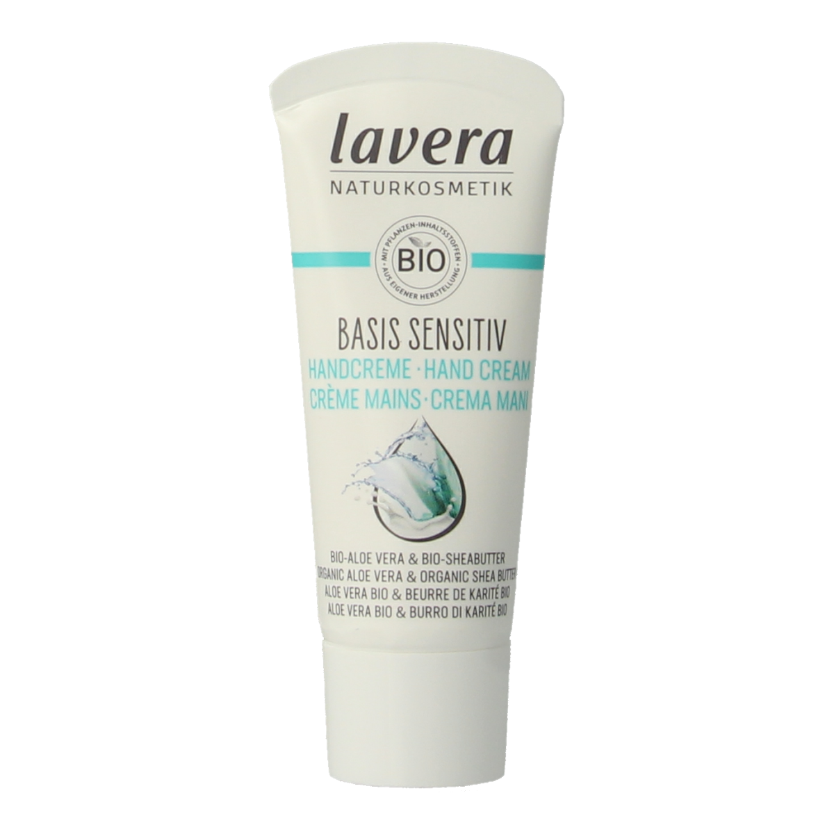 Lavera Basis Sensitiv hand cream mini 20ml, natural hand care product in a small tube, suitable for sensitive skin.