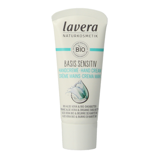 Lavera Basis Sensitiv hand cream mini 20ml, natural hand care product in a small tube, suitable for sensitive skin.