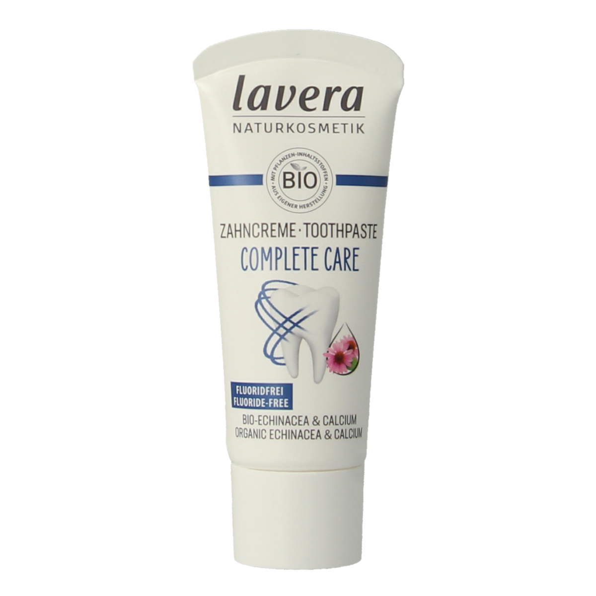 Lavera Complete Care fluoride-free toothpaste in a 20ml mini tube, featuring natural ingredients for oral health.