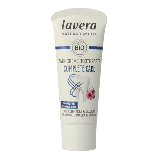 Lavera Complete Care fluoride-free toothpaste in a 20ml mini tube, featuring natural ingredients for oral health.