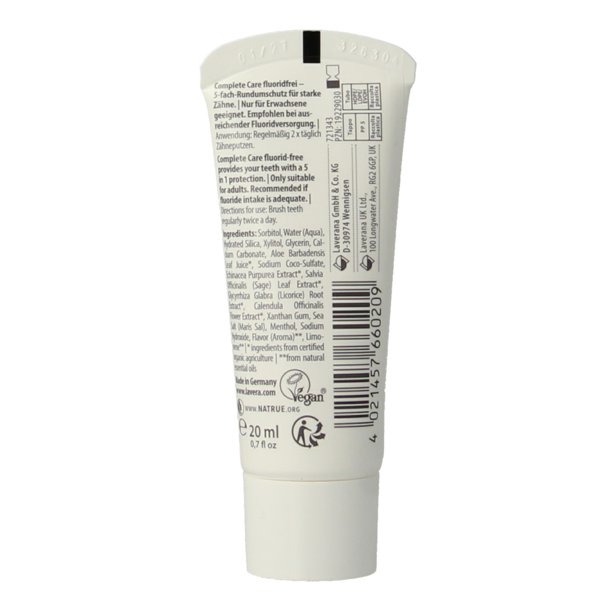 Lavera Complete Care fluoride-free organic toothpaste in a 20ml mini tube with natural herbal ingredients.