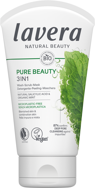 Lavera Pure Beauty 3-in-1 wash, scrub, mask for facial skincare in a 125ml tube, natural ingredients for radiant skin.